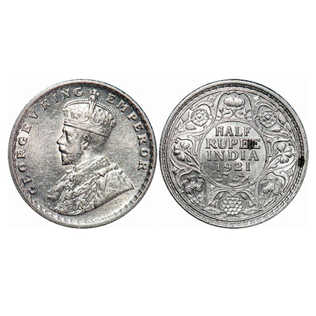 Geroeg V, Silver, Half Rupee, 1921, Calcutta Mint, No dot. GK 1058. About Uncirculated. Sc