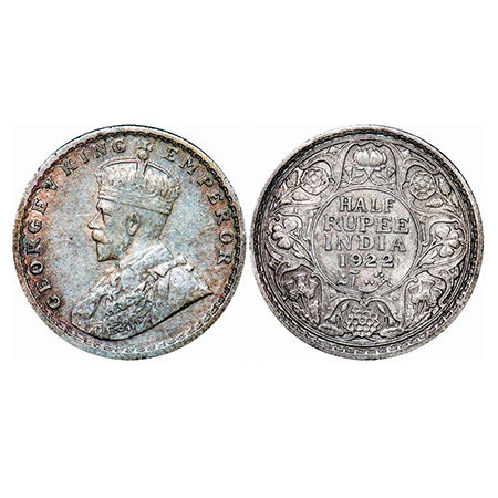 George V, Silver, Half Rupee, 1922, Calcutta Mint, No dot. GK 1059. Extremely Fine+. Scarc