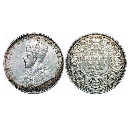George V, Silver, Half Rupee, 1924, Bombay Mint, Dot. GK 1064. About Uncirculated, Rainbow