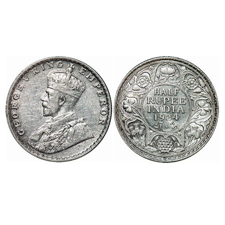 George V, Silver, Half Rupee, 1924, Bombay Mint, Dot. GK 1064. About Uncirculated. Scarce.