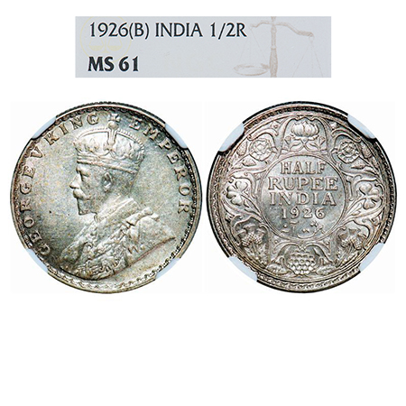 George V, Silver, Half Rupee, 1926, Bombay Mint, Dot. GK 1068. NGC Slabbed MS 61. Rare.