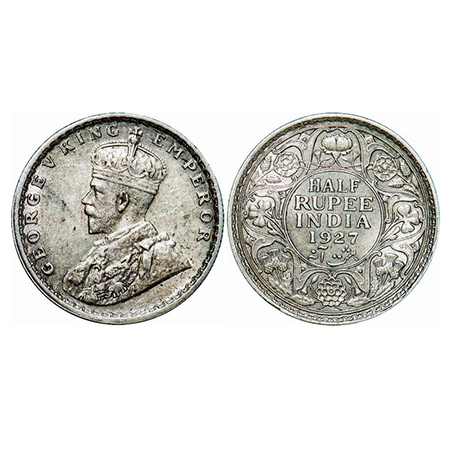 George V, Silver, Half Rupee, 1927, Calcutta Mint, No dot. GK 1069. Extremely Fine+. Scarc