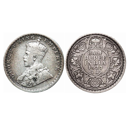 George V, Silver, Half Rupee, 1927, Calcutta Mint, No dot. GK 1069. Very Fine. Scarce.