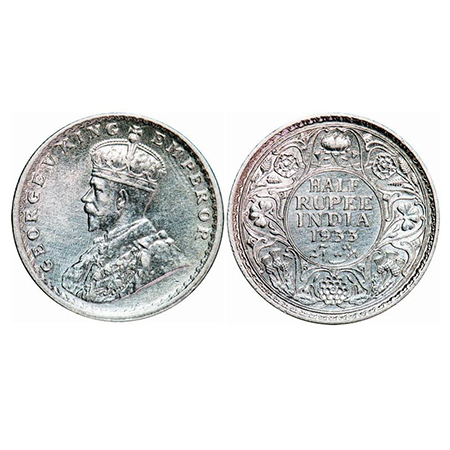 George V, Silver, Half Rupee, 1933, Calcutta Mint, No dot. GK 1073. Uncirculated, Cleaned.