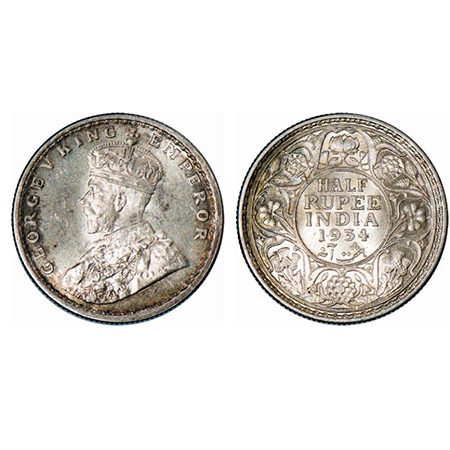 George V, Silver, Half Rupee, 1934, Calcutta Mint, No dot. GK 1074. Brilliant Uncirculated
