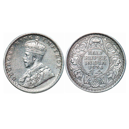 George V, Silver, Half Rupee, 1934, Calcutta Mint, No dot. GK 1074. Extremely Fine. Scarce