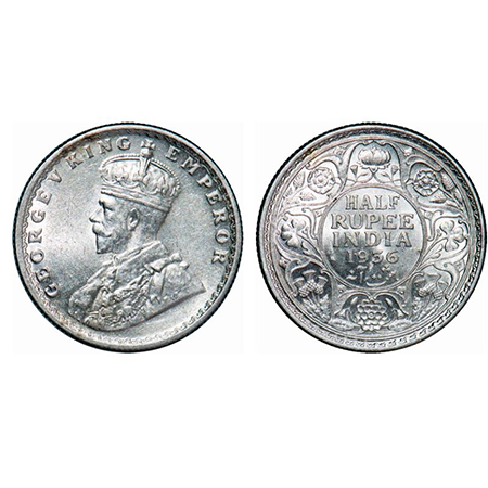 George V, Silver, Half Rupee, 1936, Calcutta Mint, No dot, Error, Struck through error on 