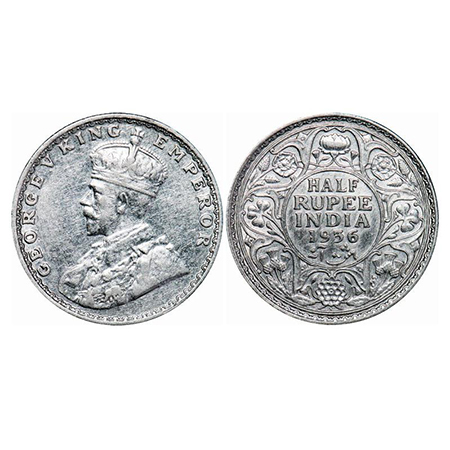 George V, Silver, Half Rupee, 1936, Bombay Mint, Dot. GK 1076. About Uncirculated. Scarce.