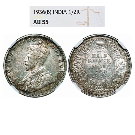 George V, Silver, Half Rupee, 1936, Bombay Mint, Dot. GK 1076. NGC Slabbed AU 55. Scarce.