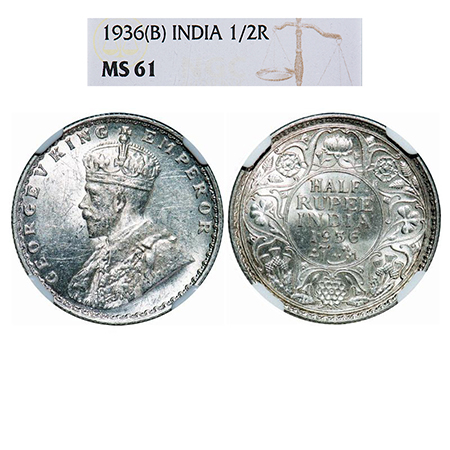 George V, Silver, Half Rupee, 1936, Bombay Mint, Dot. GK 1076. NGC Slabbed MS 61. Very Sca