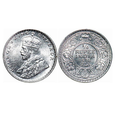 George V, Silver, 1/4 Rupee, 1918, Calcutta Mint, No dot. GK 1091, Mint State. Scarce.
