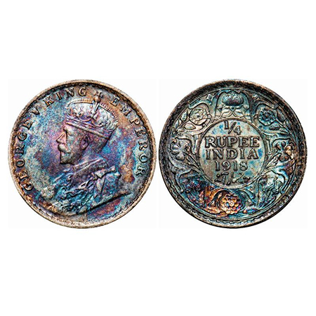 George V, Silver, 1/4 Rupee, 1918, Calcutta Mint, No dot. GK 1091. Brilliant Uncirculated,