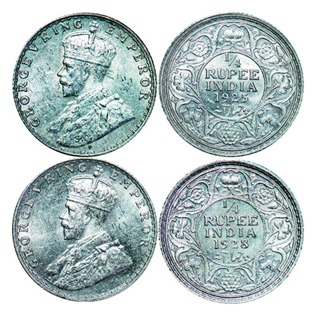 George V, Silver, 1/4 Rupee, (2 coins), 1925, 1928, Bombay Mint, Dot. GK 1093, 1095. Brill