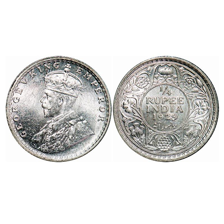 George V, Silver, 1/4 Rupee, 1929, Calcutta Mint, No dot, Ghost on Obv. GK 1096. Brilliant