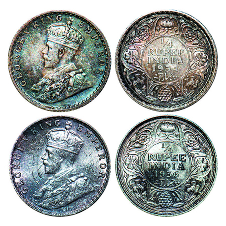 George V, Silver, 1/4 Rupee, (2 coins), 1) 1934 Calcutta Mint, No dot, 2) 1936, Bombay Min