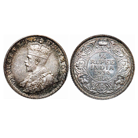 George V, Silver, 1/4 Rupee, 1936, Bombay Mint, Dot, Tiny diamond shape pyramis on Rev. GK