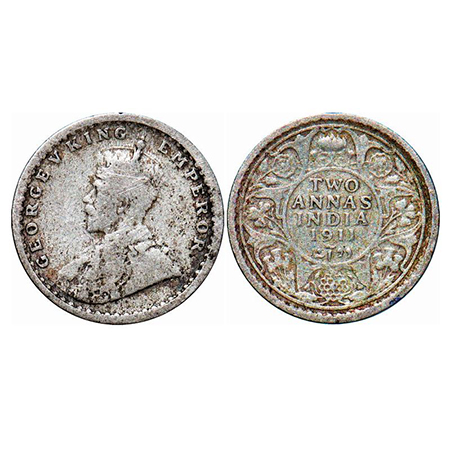George V, Silver, 2 Annas, 1911, Calcutta Mint, No dot, Pig-type. GK 1107. Fine. Scarce.
