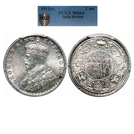 George V, Silver, 2 Annas, 1912, Calcutta Mint, No dot, Re-Drawn Elephant. GK 1108. PCGS S