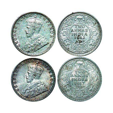 George V, Silver, 2 Annas, (2 coins), Calcutta Mint, No dot, 1) 1912, Re-Drawn Elephant, 2