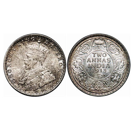 George V, Silver, 2 Annas, 1913, Bombay Mint, Dot. GK 1111. Brilliant Uncirculated. Very S