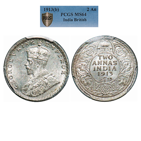 George V, Silver, 2 Annas, 1913, Bombay Mint, Dot. GK 1111. PCGS Slabbed MS 64. Rare.