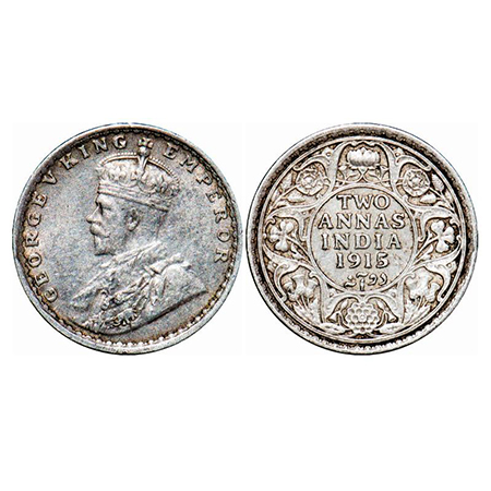 George V, Silver, 2 Annas, 1915, Bombay Mint, Dot. GK 1115. Extremely Fine+. Scarce.