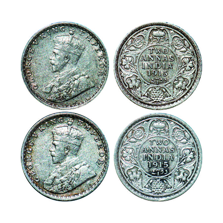 George V, Silver, 2 Annas, (2 coins), 1915, Bombay Mint, Dot. GK 1115 (2). Very Fine+ to E