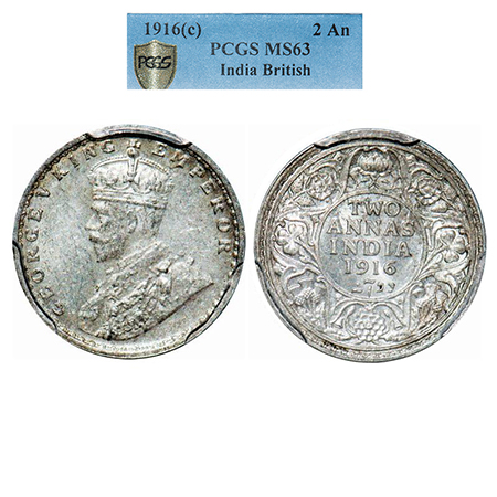 George V, Silver, 2 Annas, 1916, Calcutta Mint, No dot. GK 1116. PCGS Slabbed MS 63. Very 