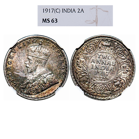 George V, Silver, 2 Annas, 1917, Calcutta Mint, No dot. GK 1117. NGC Slabbed MS 63. Very S