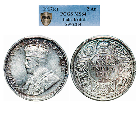 George V, Silver, 2 Annas, 1917, Calcutta Mint, No dot. GK 1117. PCGS Slabbed MS 64. Very 