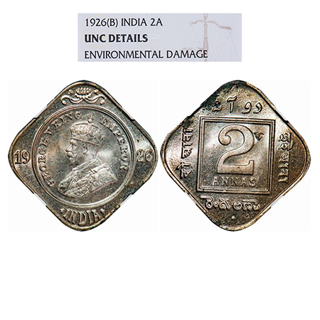 George V, Copper-Nickel, 2 Anna, 1926, Bombay Mint, Dot. GK 1129. NGC Slabbed UNC Details.