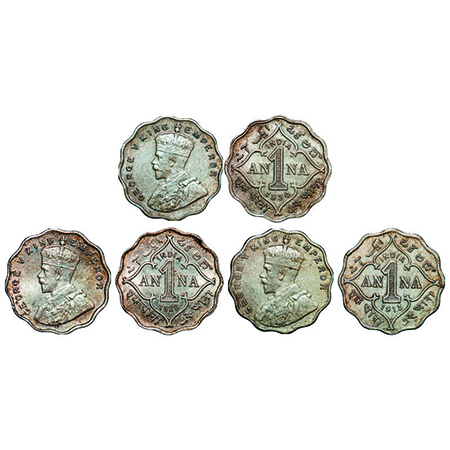 George V, Copper-Nickel, 1 Anna, (3 coins), 1) 1913, Bombay Mint, No dot, 2) 1928, Calcutt
