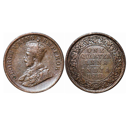 George V, Bronze, Quarter Anna, 1911, Calcutta Mint, No dot, Pig Type. GK 1171. Extremely 