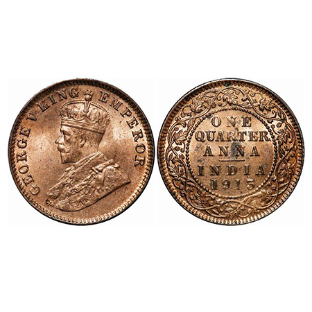 George V, Bronze, Quarter Anna, 1913, Calcutta Mint, No dot. GK 1173. Brilliant Uncirculat