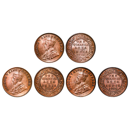 George V, Bronze, Quarter Anna, (3 coins), 1926, 1927, 1928, Bombay Mint, Dot. GK 1183, 11