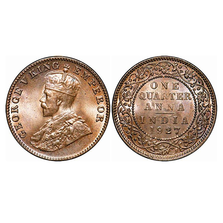 George V, Bronze, Quarter Anna, 1927, Calcutta Mint, No dot. GK 1186. Mint State. Scarce.