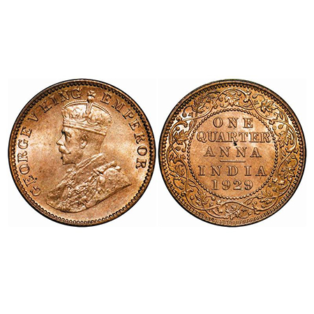 George V, Bronze, Quarter Anna, 1929, Calcutta Mint, No dot. GK 1189. Brilliant Uncirculat