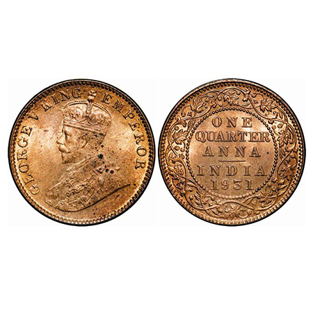 George V, Bronze, Quarter Anna, 1931, Calcutta Mint, No dot. GK 1192. Brilliant Uncirculat
