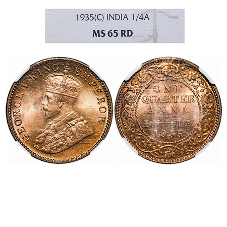 George V, Bronze, Quarter Anna, 1935, Calcutta Mint, No dot. GK 1195. NGC Slabbed MS 65 RD