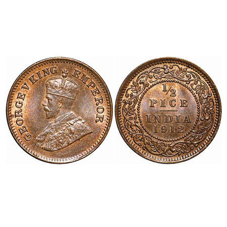 George V, Bronze, 1/2 Pice, 1912, Calcutta Mint, No mint mark. GK 1198. Mint State. Rare.