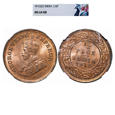 George V, Bronze, 1/2 Pice, 1912, Calcutta Mint, No mint mark. GK 1198. NGC Slabbed MS 64 