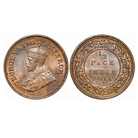George V, Bronze, 1/2 Pice, 1914, Calcutta Mint, No mint mark, Die filled inner beaded cir