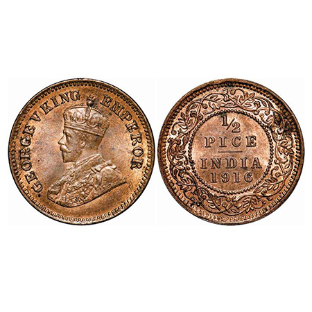 George V, Bronze, 1/2 Pice, 1916, Calcutta Mint, No mint mark. GK 1202. Mint State. Rare.