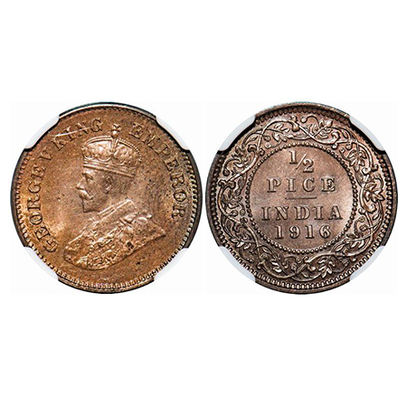 George V, Bronze, 1/2 Pice, 1916, Calcutta Mint, No mint mark. GK 1202. NGC Slabbed MS 63 