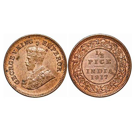 George V, Bronze, 1/2 Pice, 1917, Calcutta Mint, No mint mark. GK 1203. Mint State. Rare.