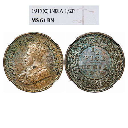 George V, Bronze, 1/2 Pice, 1917, Calcutta Mint, No mint mark. GK 1203. NGC Slabbed MS 61 