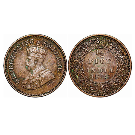 George V, Bronze, 1/2 Pice, 1918, Calcutta Mint, No mint mark. GK 1204. Extremely Fine+, D