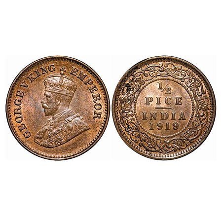 George V, Bronze, 1/2 Pice, 1919, Calcutta Mint, No mint mark. GK 1205. Brilliant Uncircul