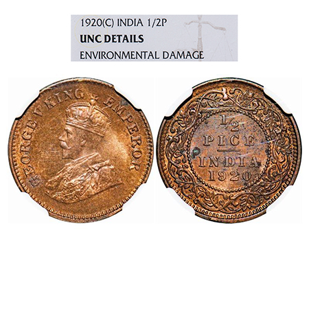 George V, Bronze, 1/2 Pice, 1920, Calcutta Mint, No mint mark. GK 1206. NGC Slabbed UNC De