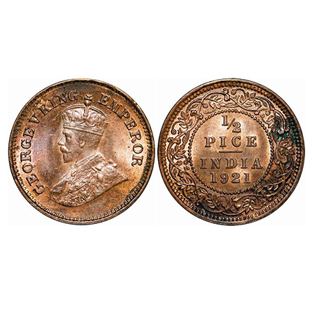 George V, Bronze, 1/2 Pice, 1921, Calcutta Mint, No mint mark. GK 1207. Brilliant Uncircul